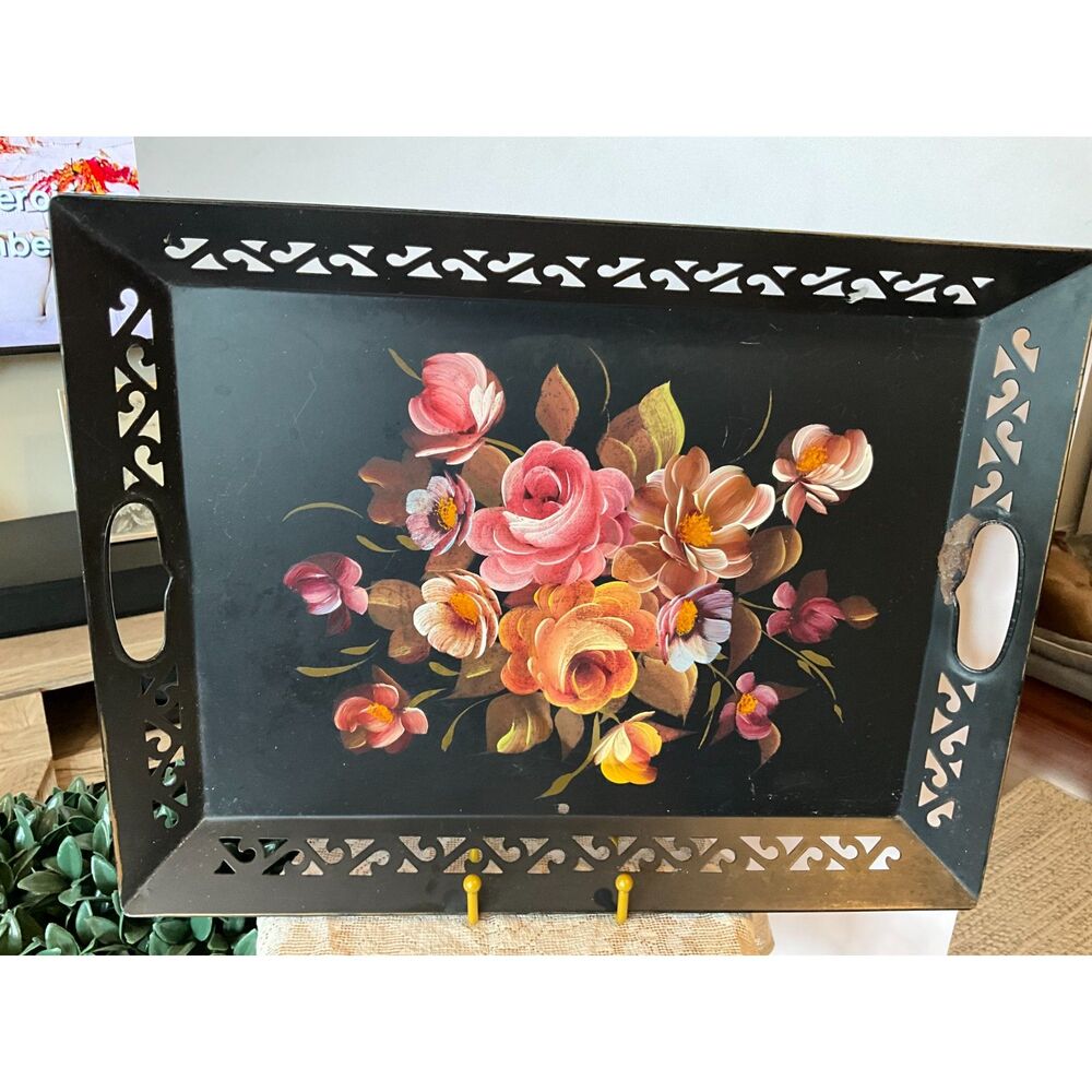 Beautiful Vintage Black floral tole tray; vintage tole tray with flowers